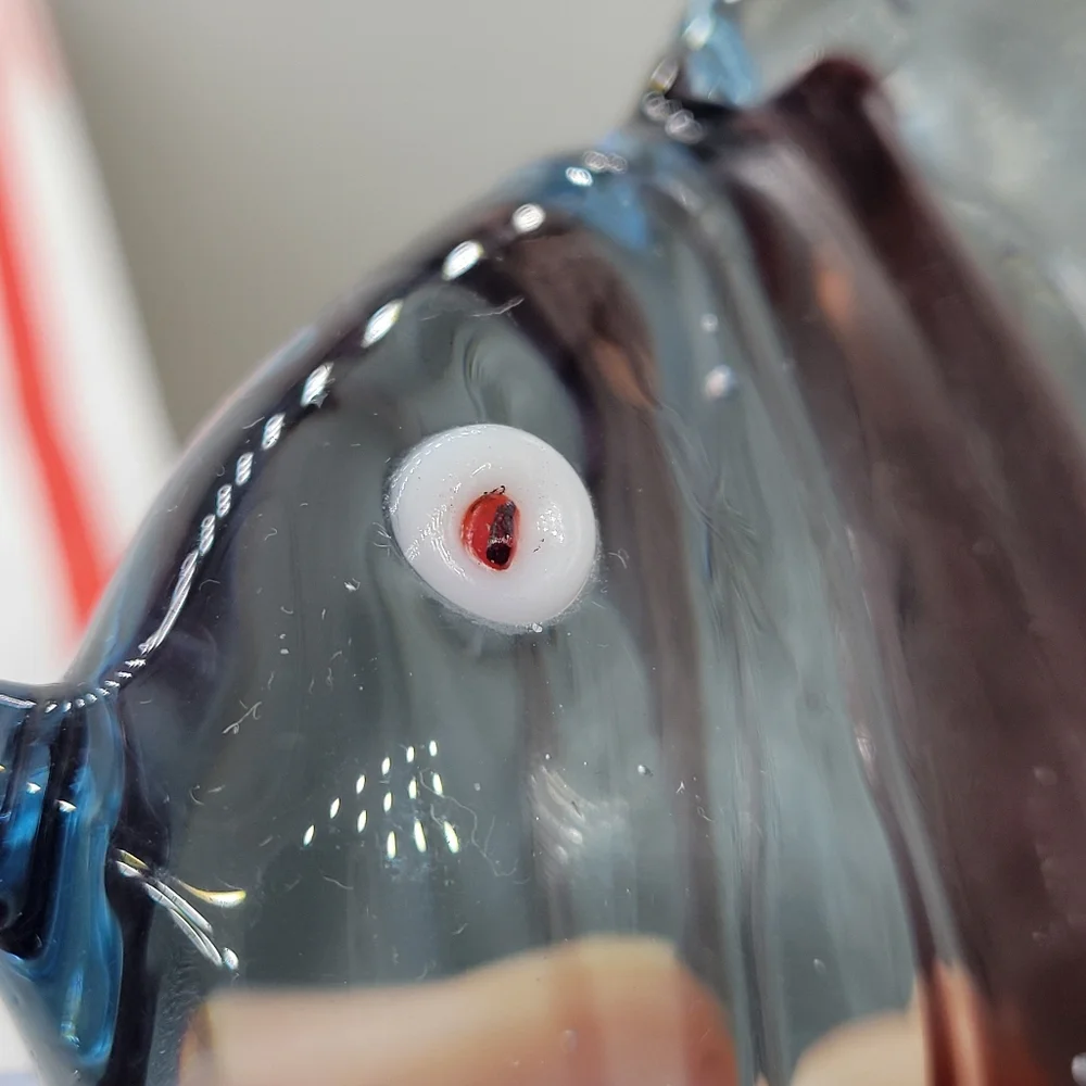 Murano-Style Art Glass Clear Blue Fish Paperweight Red-Eyed Accent